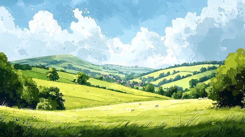 高清大图下载【趣麦麦图】阳光明媚的绿色丘陵田园风光