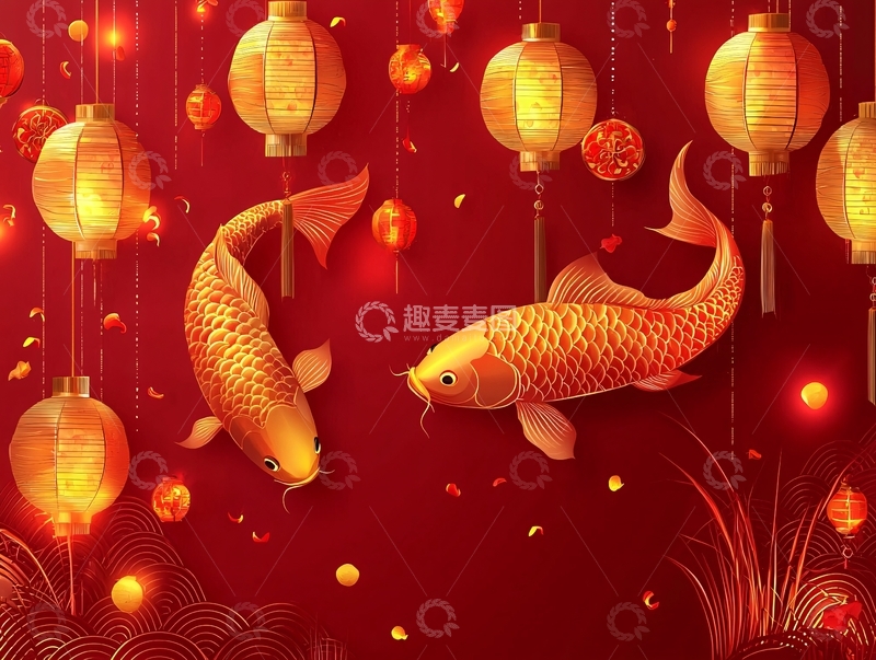 高清大图下载【趣麦麦图】红金鲤鱼灯笼喜庆背景