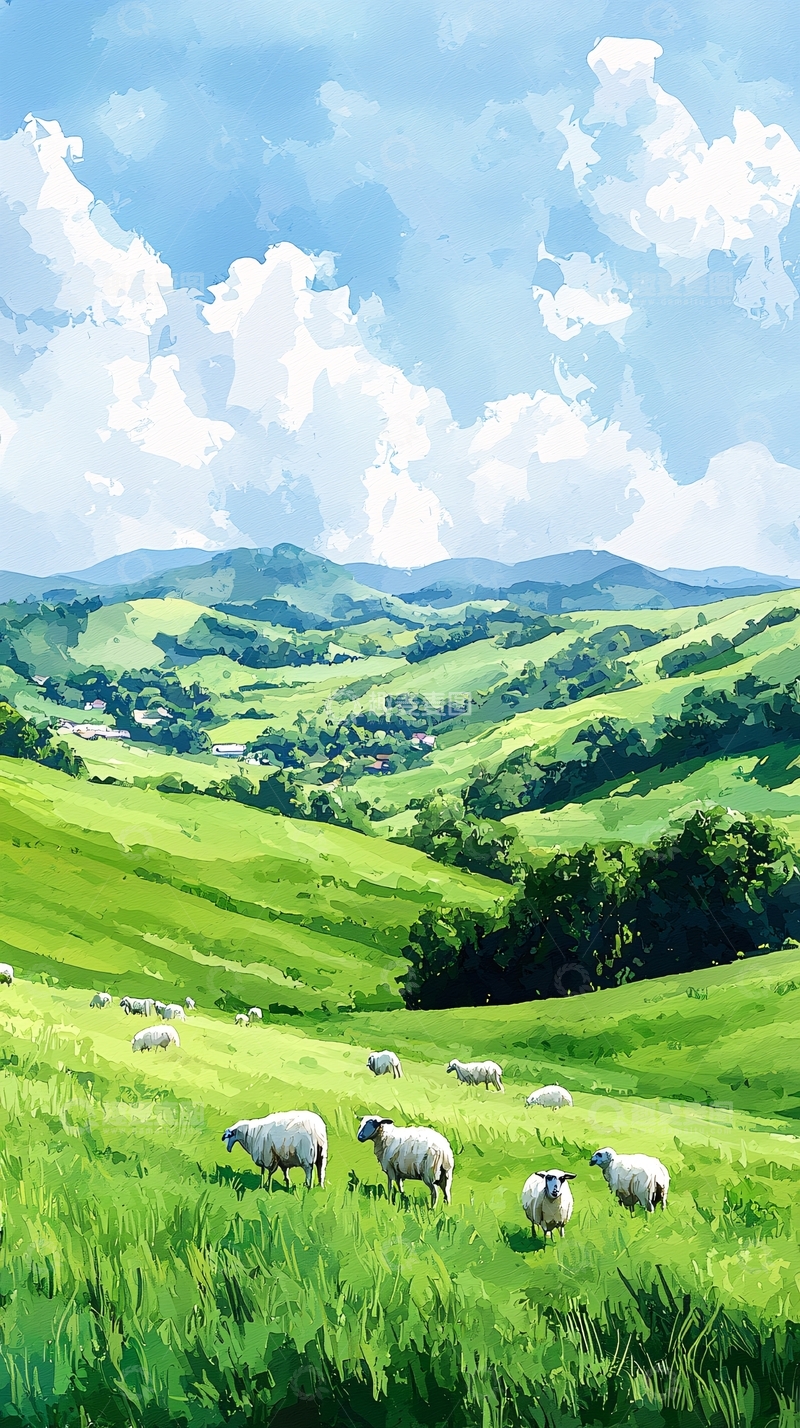 高清大图下载【趣麦麦图】绿油油的草原和绵羊
