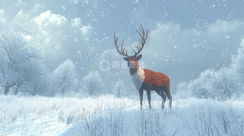 高清大图下载【趣麦麦图】雪地里雄伟的红棕色鹿