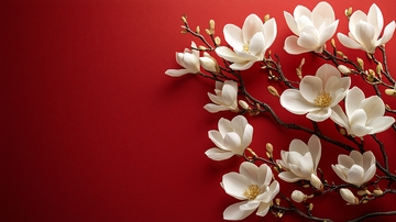 红底白玉兰花枝