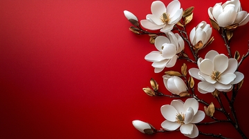 红底白玉兰花枝