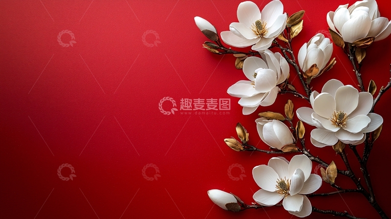 红底白玉兰花枝