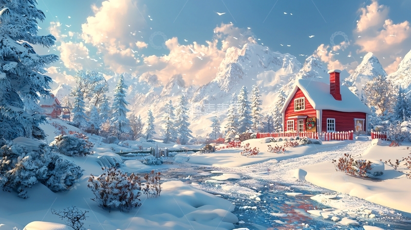 高清大图下载【趣麦麦图】雪山红屋冬季风景