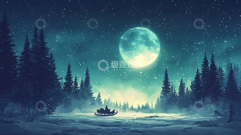 高清大图下载【趣麦麦图】冬夜雪地森林雪橇