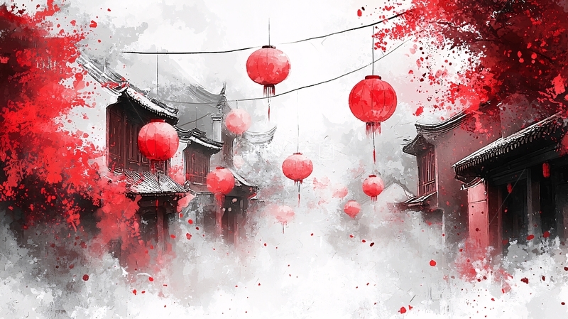 高清大图下载【趣麦麦图】水墨写意红灯笼古镇