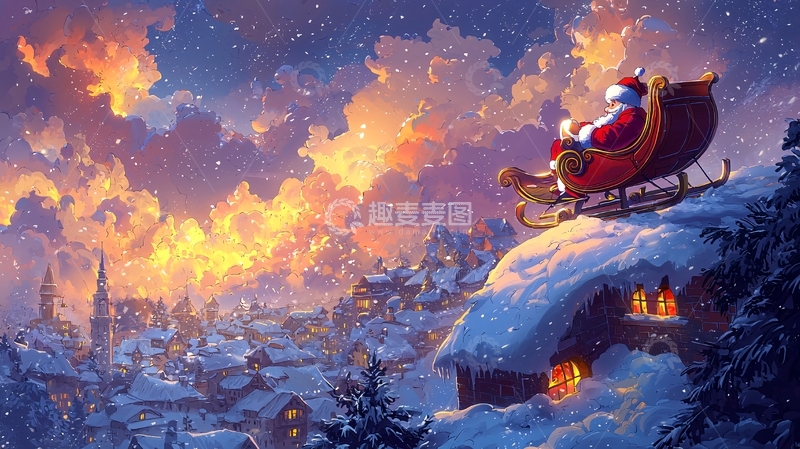 高清大图下载【趣麦麦图】圣诞老人雪橇雪景