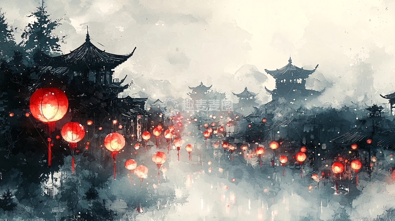 高清大图下载【趣麦麦图】水墨画风格古镇