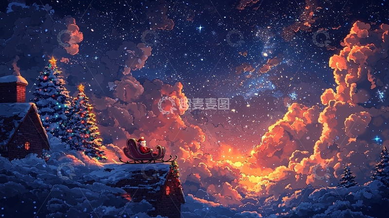 高清大图下载【趣麦麦图】圣诞夜星空下的雪景