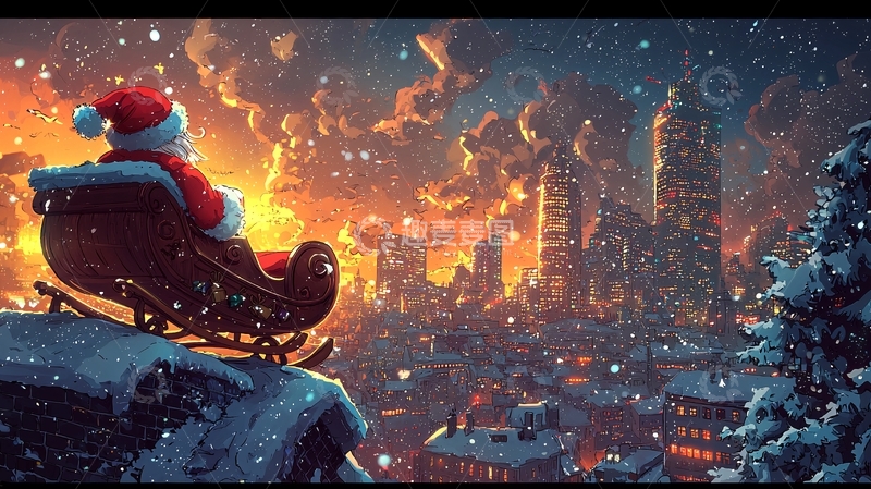 高清大图下载【趣麦麦图】圣诞老人雪橇夜景城市