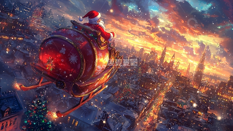 高清大图下载【趣麦麦图】圣诞老人飞跃燃烧的城市