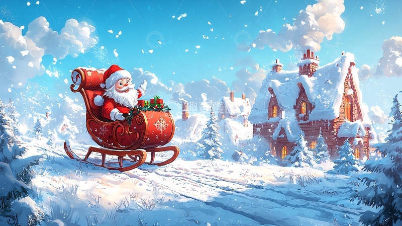 高清大图下载【趣麦麦图】圣诞老人雪橇雪景