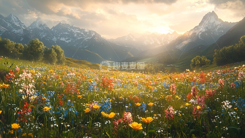 高清大图下载【趣麦麦图】山峦花海日出景色