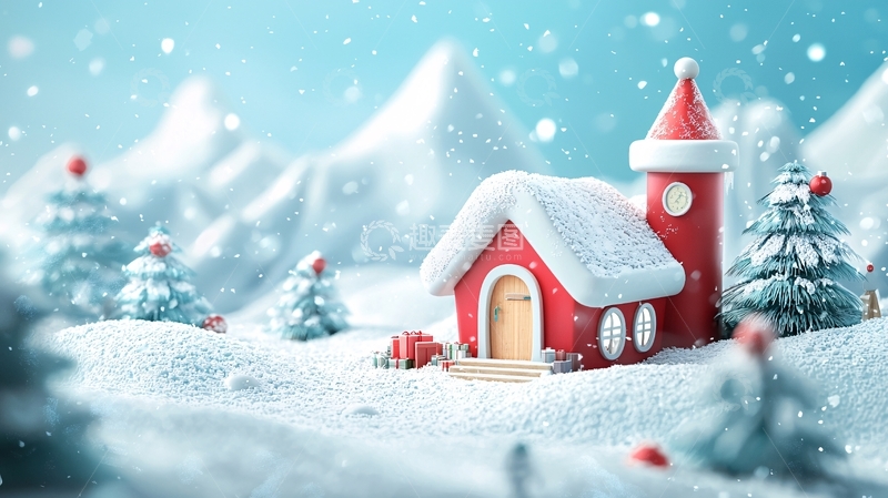 高清大图下载【趣麦麦图】雪中红色圣诞小屋