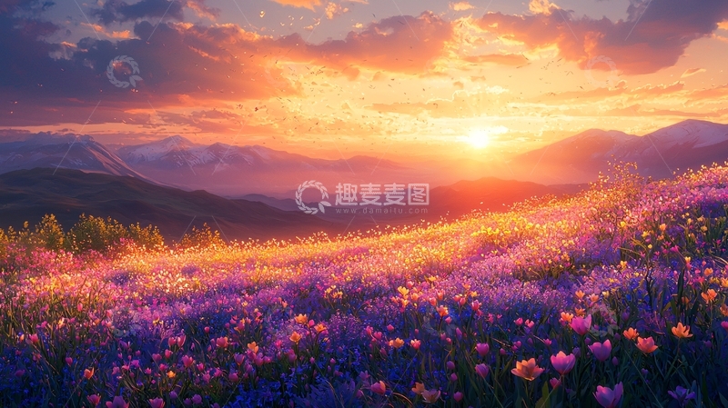 高清大图下载【趣麦麦图】日落山峦花海