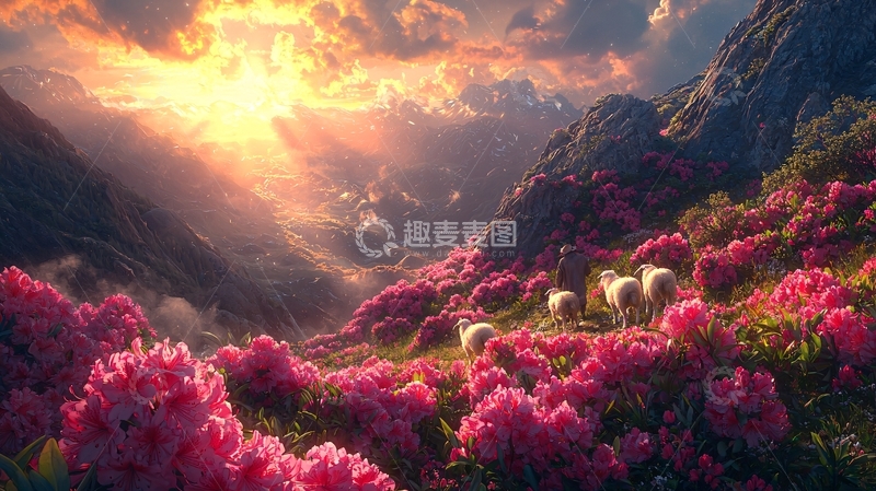 高清大图下载【趣麦麦图】阳光照耀下的山谷花海