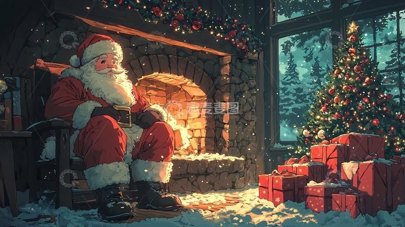 高清大图下载【趣麦麦图】圣诞老人壁炉旁休息