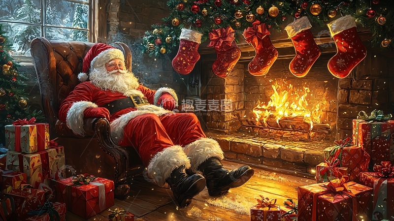 高清大图下载【趣麦麦图】圣诞老人睡在壁炉旁