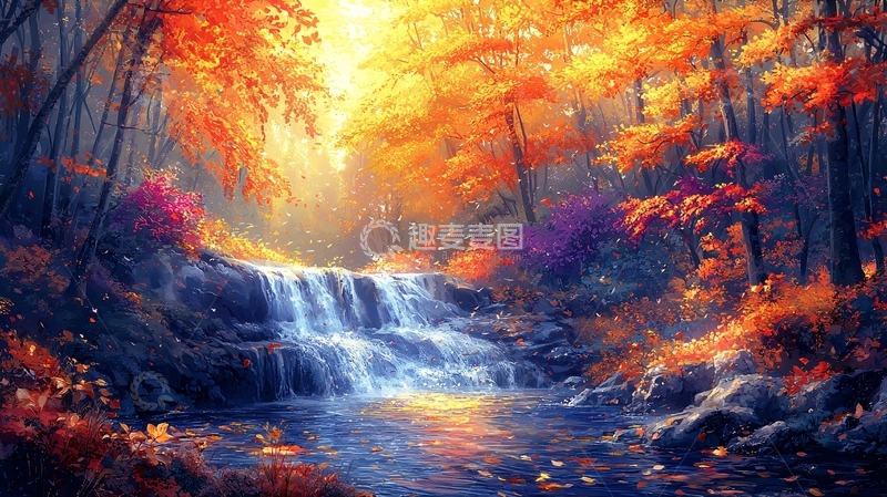 高清大图下载【趣麦麦图】秋日森林瀑布美景