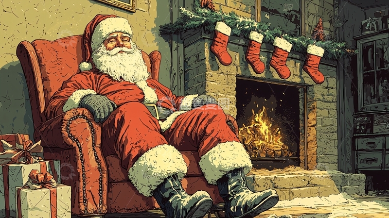 高清大图下载【趣麦麦图】圣诞老人休息的壁炉旁