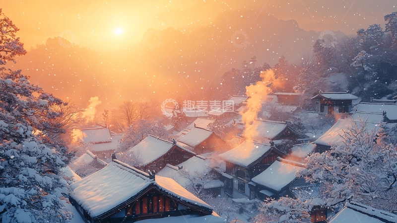 高清大图下载【趣麦麦图】雪景村庄日出