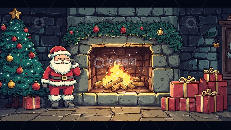 高清大图下载【趣麦麦图】圣诞老人壁炉圣诞树