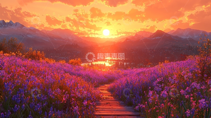 高清大图下载【趣麦麦图】落日余晖下的薰衣草田