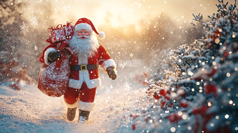 高清大图下载【趣麦麦图】圣诞老人雪地送礼物
