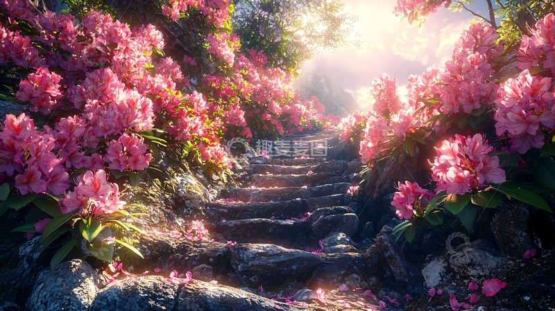 高清大图下载【趣麦麦图】鲜花盛开的石阶小路
