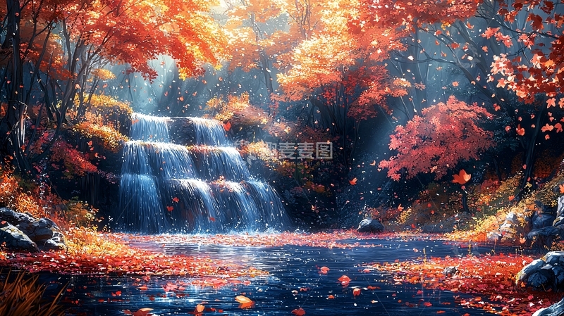 高清大图下载【趣麦麦图】秋日森林瀑布美景