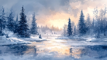 冬日雪景森林河流日出