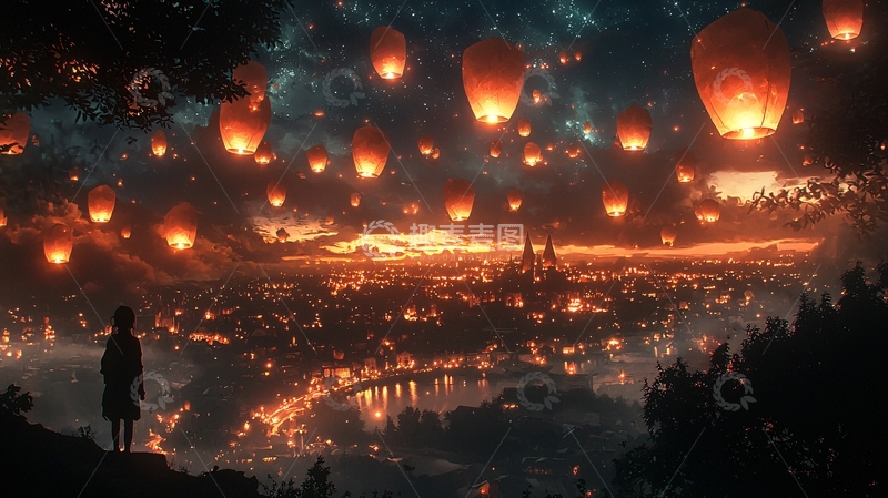 高清大图下载【趣麦麦图】夜空中飞舞的许愿灯