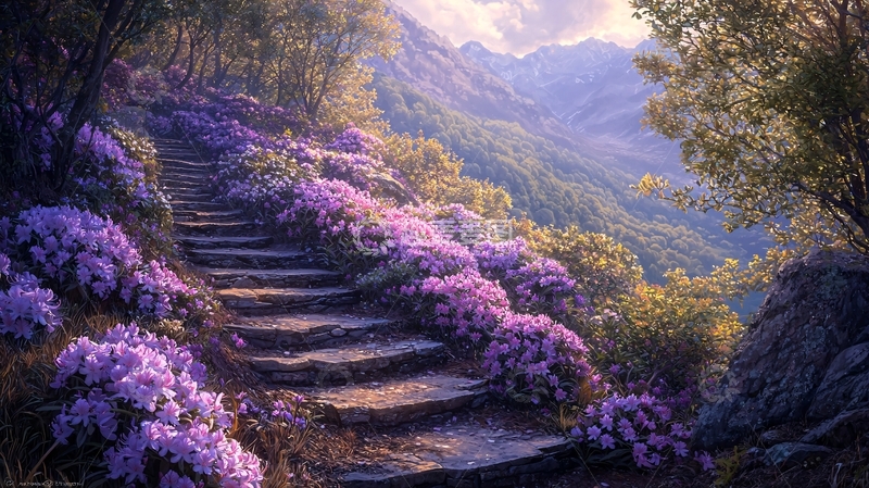 高清大图下载【趣麦麦图】紫色花海石阶
