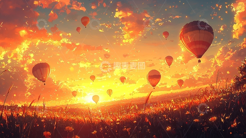 高清大图下载【趣麦麦图】日落热气球田野风景
