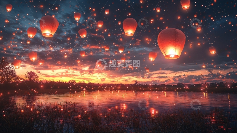 高清大图下载【趣麦麦图】夜空飞舞的许愿灯