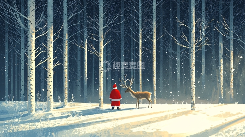 高清大图下载【趣麦麦图】圣诞老人与驯鹿雪地森林