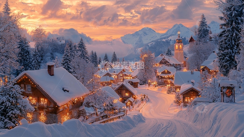 高清大图下载【趣麦麦图】雪山小镇日落景色