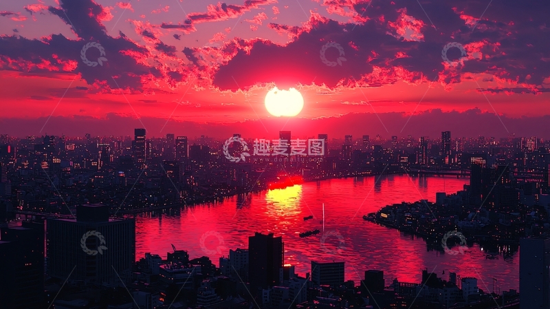 高清大图下载【趣麦麦图】红色天空城市日落