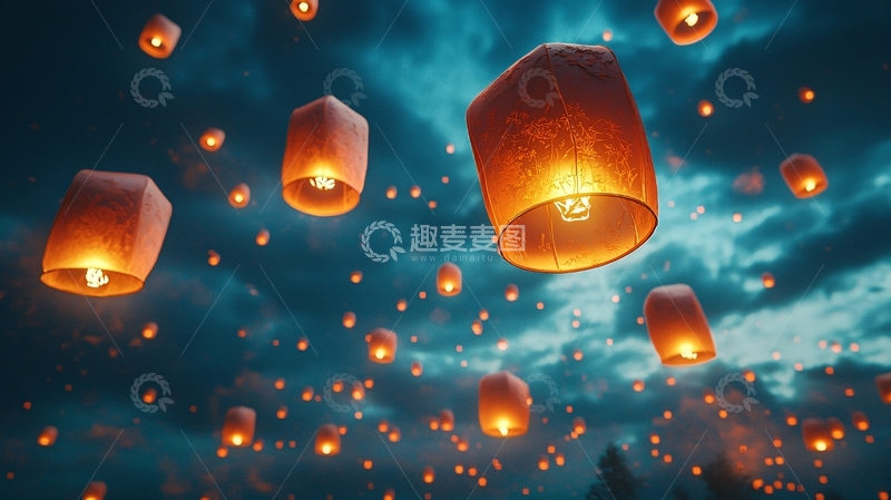 高清大图下载【趣麦麦图】夜空飞舞的许愿灯