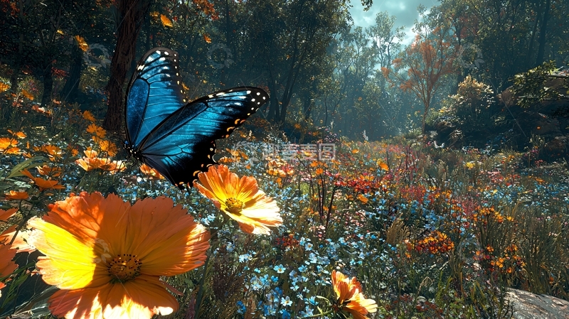 高清大图下载【趣麦麦图】蓝蝴蝶停在橙色花丛中