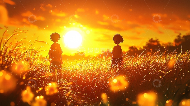 高清大图下载【趣麦麦图】夕阳下两个孩子剪影