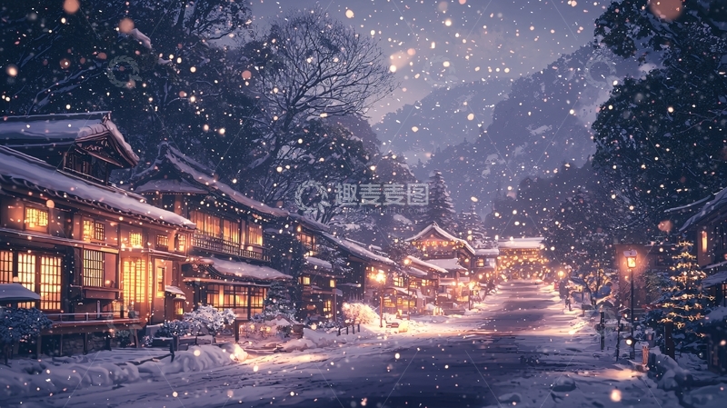 高清大图下载【趣麦麦图】冬夜雪景小镇