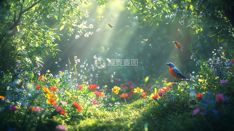 高清大图下载【趣麦麦图】阳光森林花海鸟
