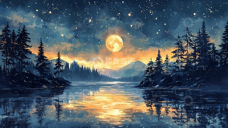 高清大图下载【趣麦麦图】夜晚湖泊森林月亮星空