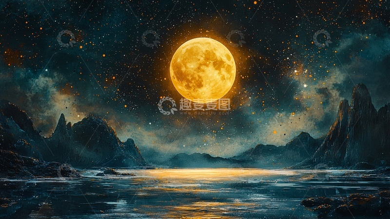高清大图下载【趣麦麦图】超大满月下的山峦湖泊