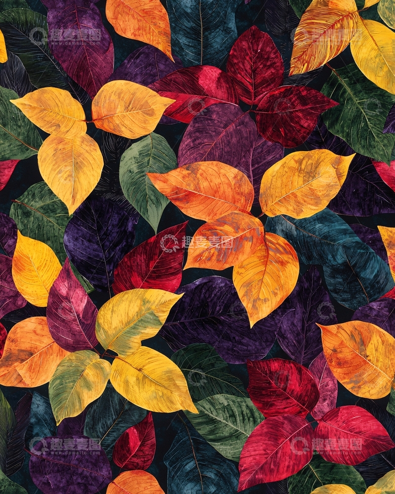 高清大图下载【趣麦麦图】深色背景彩色树叶图案