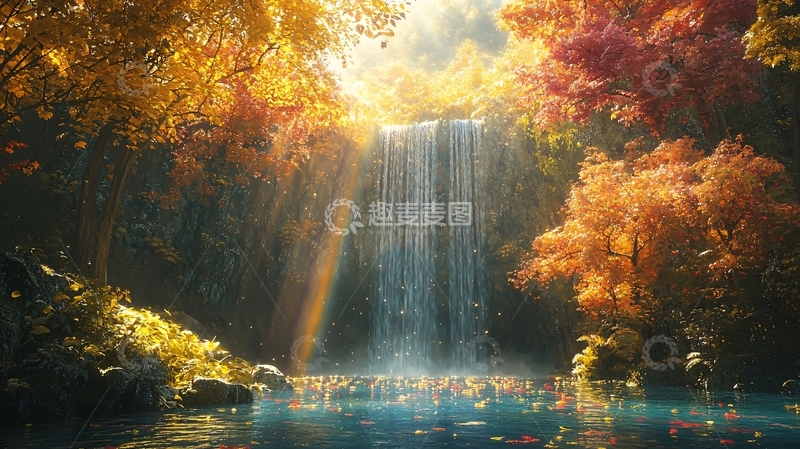 高清大图下载【趣麦麦图】秋日森林瀑布彩虹