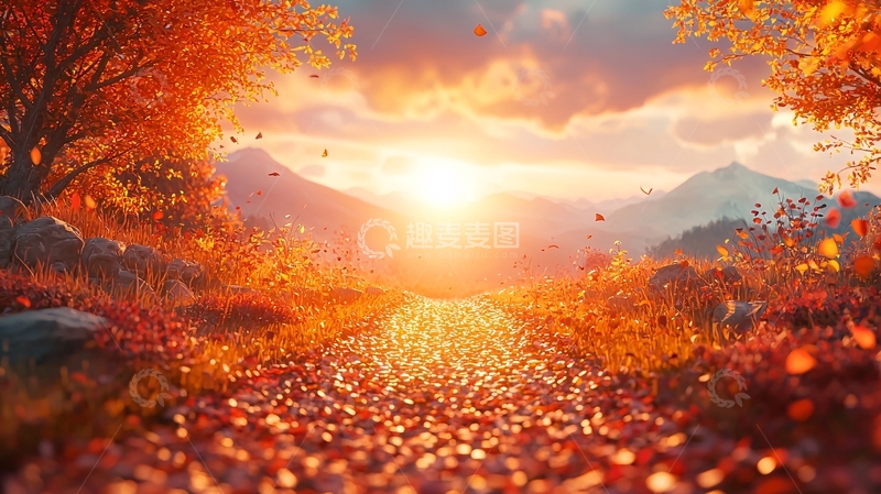 高清大图下载【趣麦麦图】秋日落叶小路日落