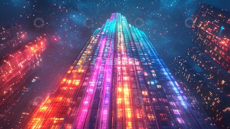 高清大图下载【趣麦麦图】炫彩霓虹灯光未来都市摩天大楼