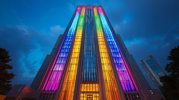 彩虹灯光照射高楼